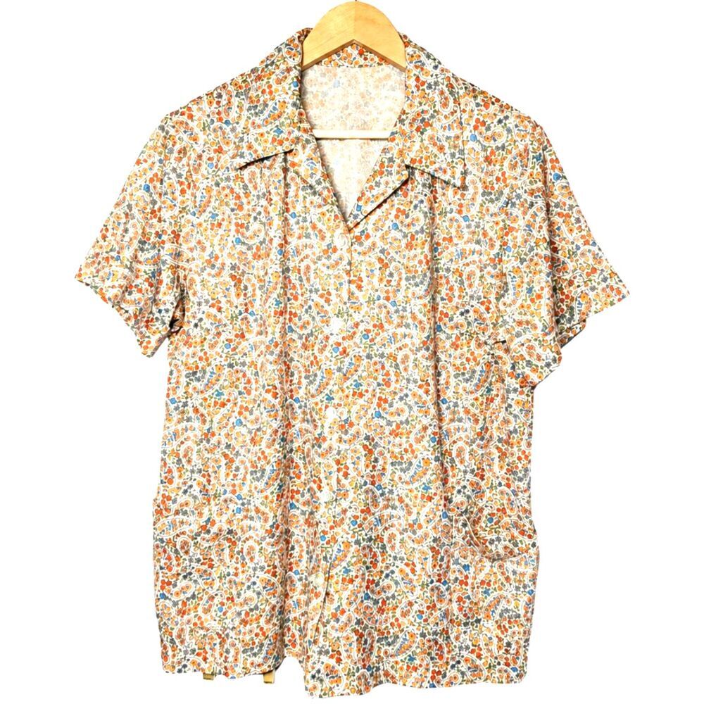 Vintage 70s Handmade Paisley Floral Shirt Short Sleeve Button Up Retro Boho